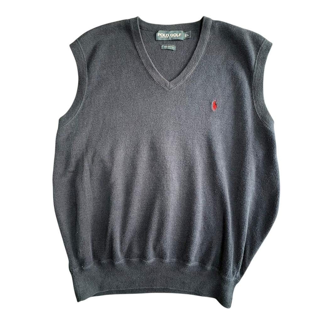 Polo Golf Ralph Lauren V Neck Sweater‎ Vest Mens L Navy Blue Cotton Red Pony